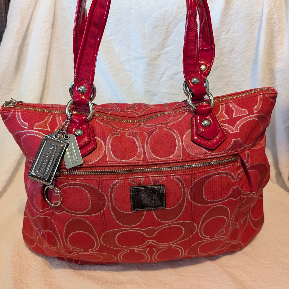 Coach Poppy Red Signature Tote Bag In New Condition